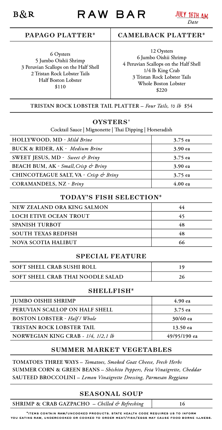 Raw Bar Menu