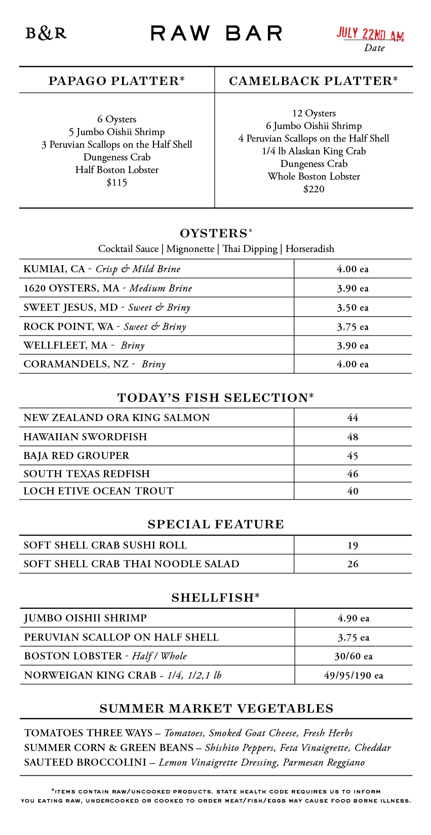 Raw Bar Menu