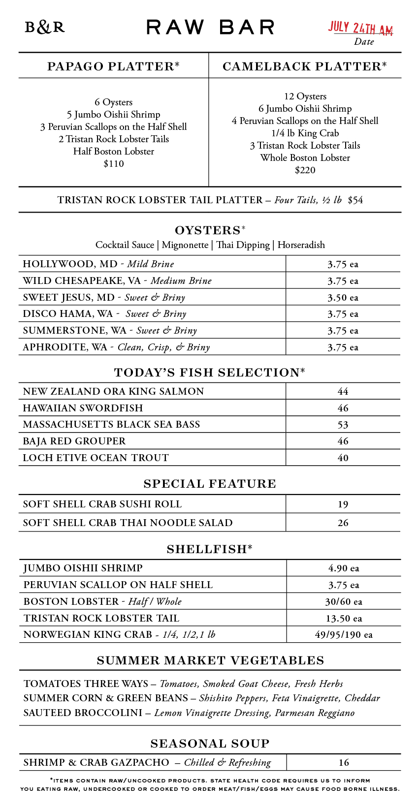 Raw Bar Menu