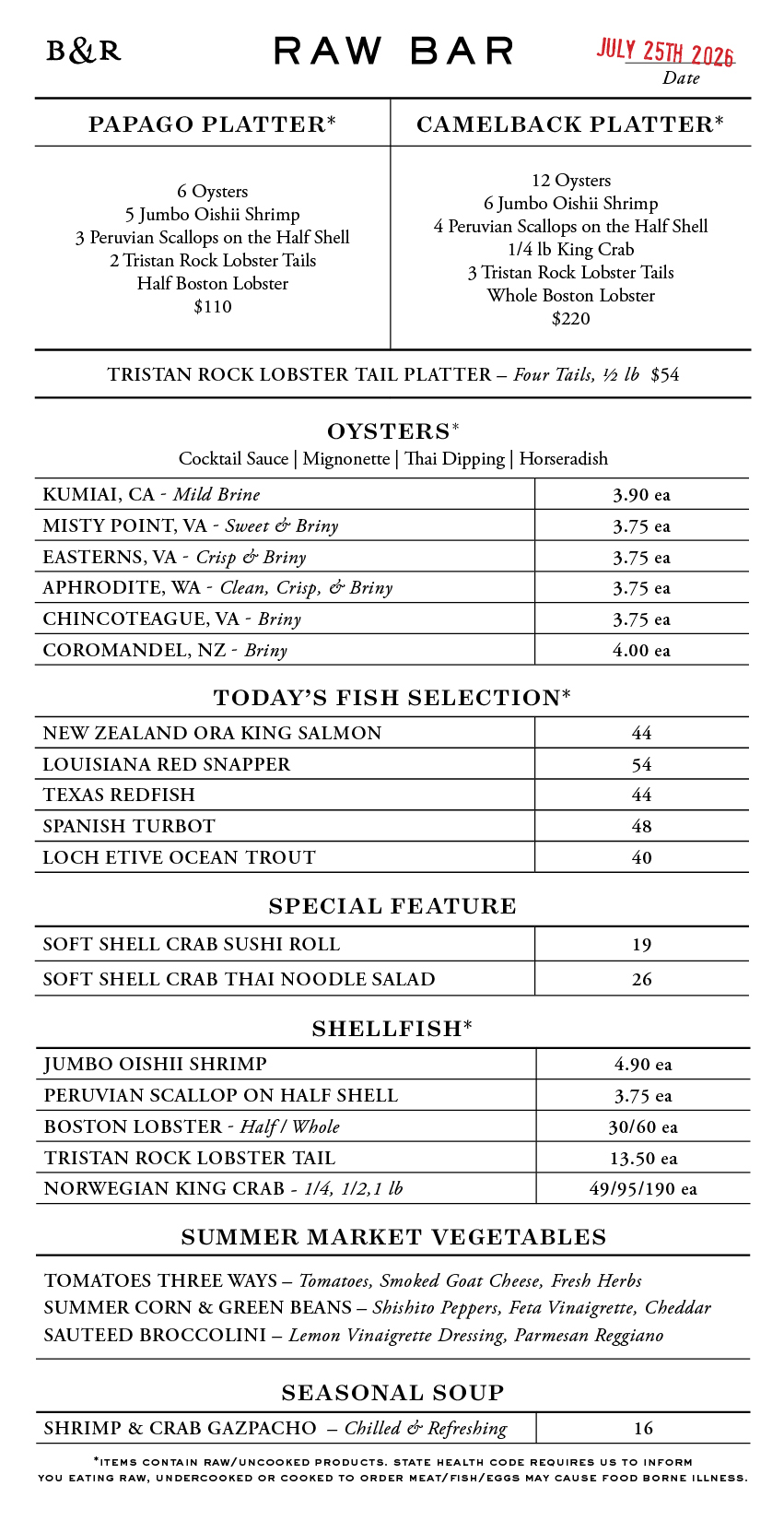 Raw Bar Menu