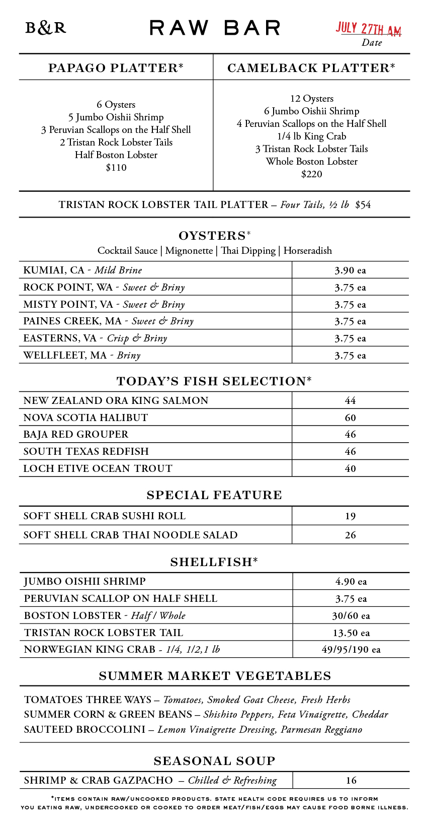 Raw Bar Menu