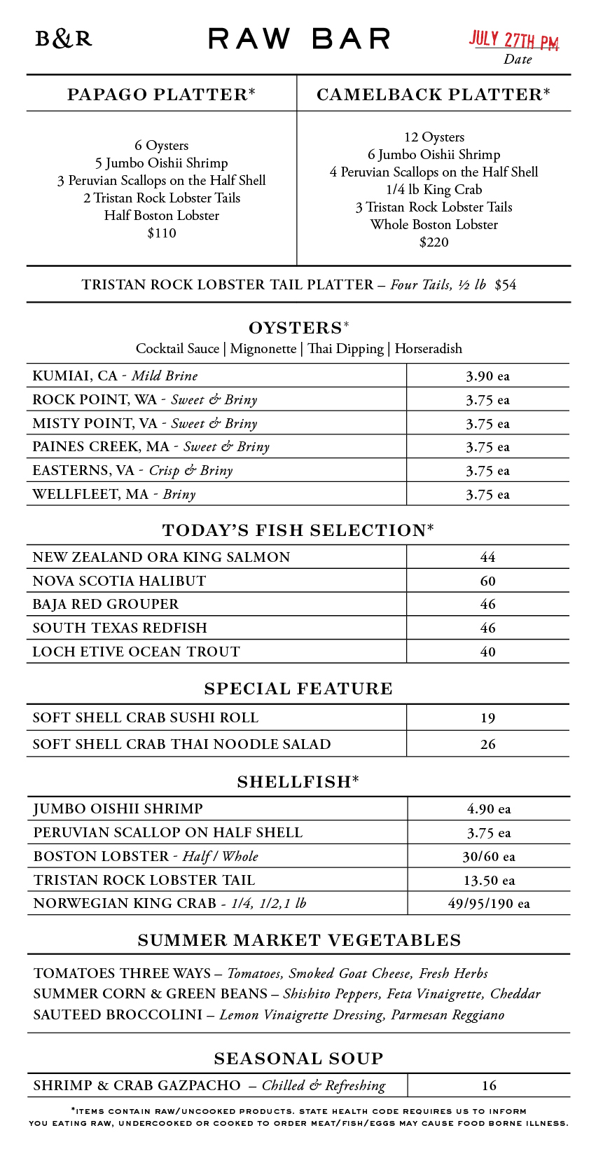 Raw Bar Menu