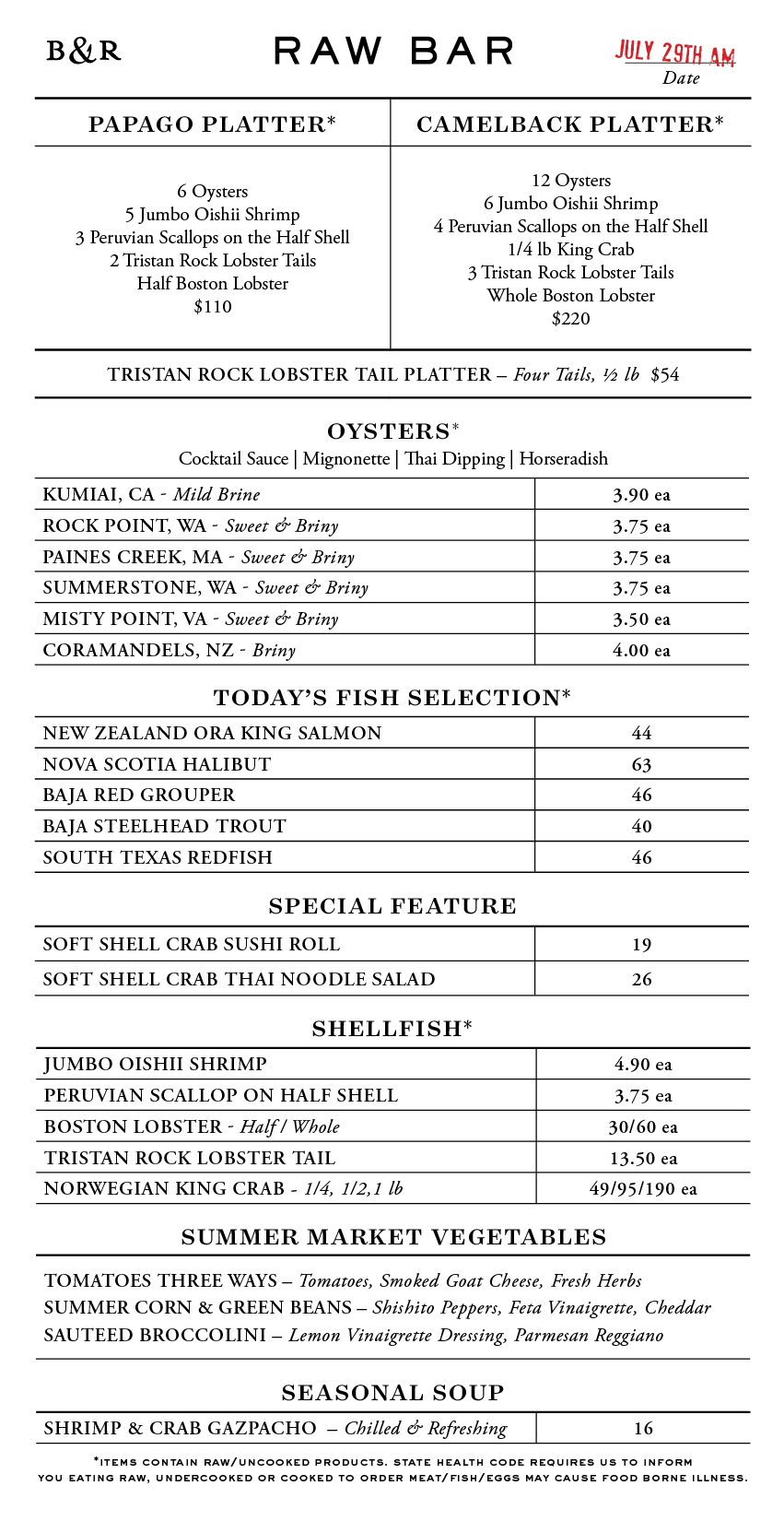 Raw Bar Menu