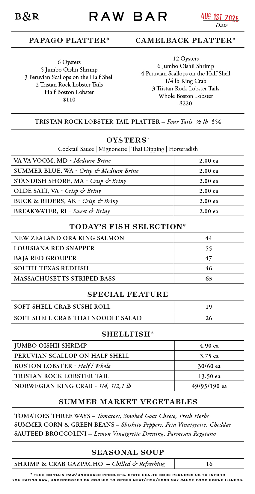 Raw Bar Menu