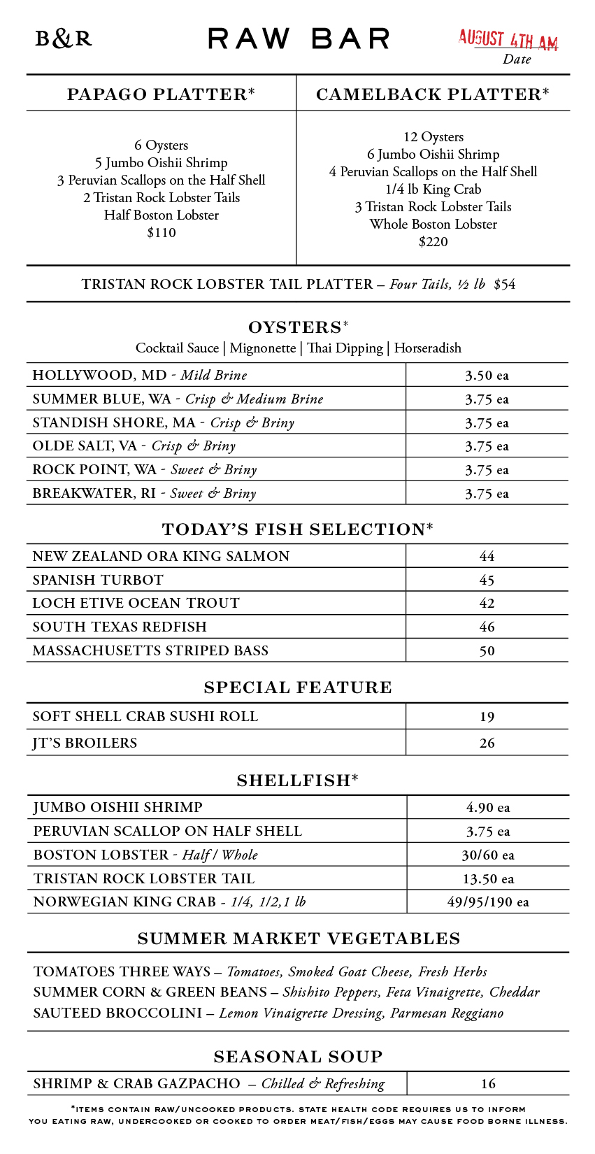 Raw Bar Menu