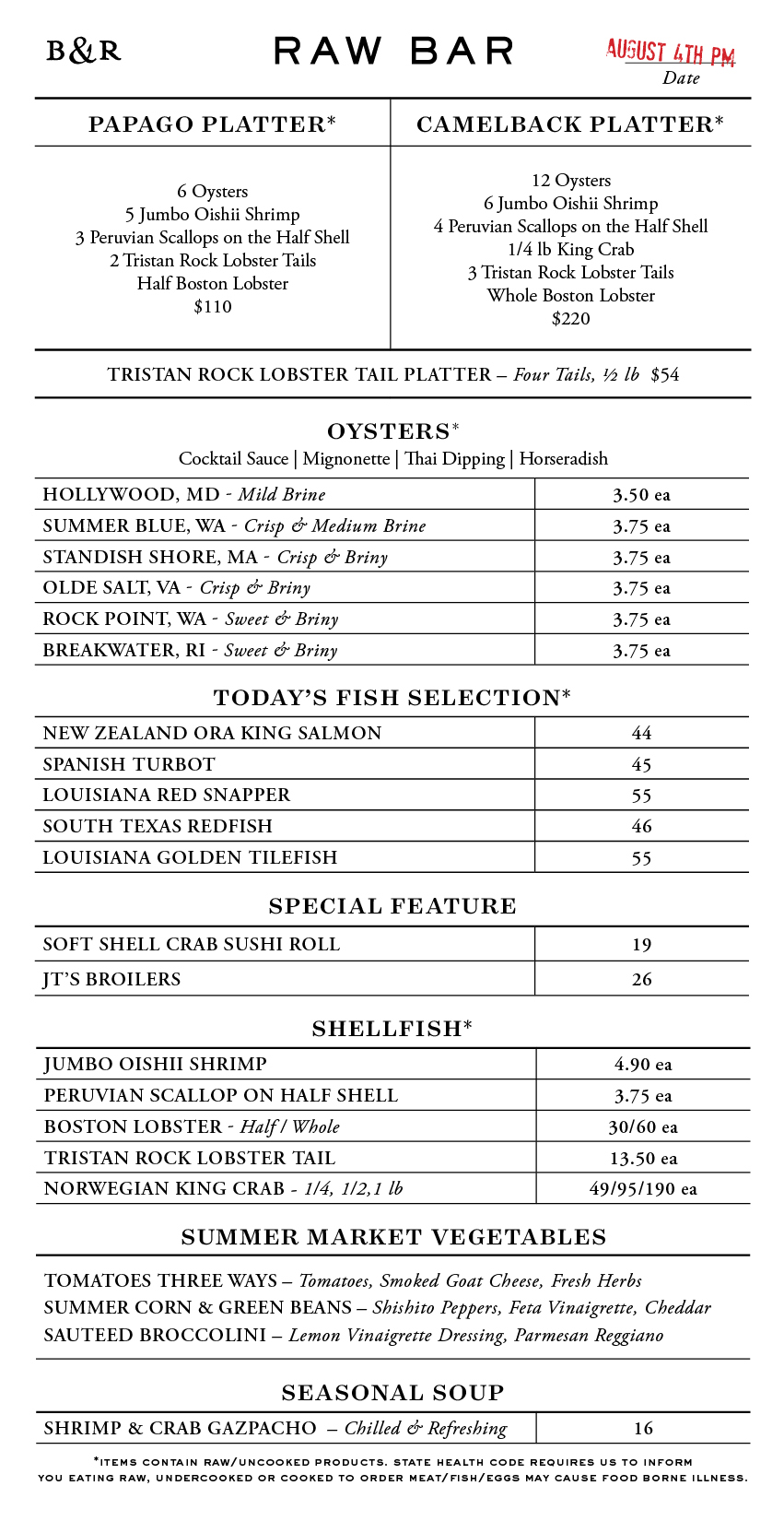 Raw Bar Menu