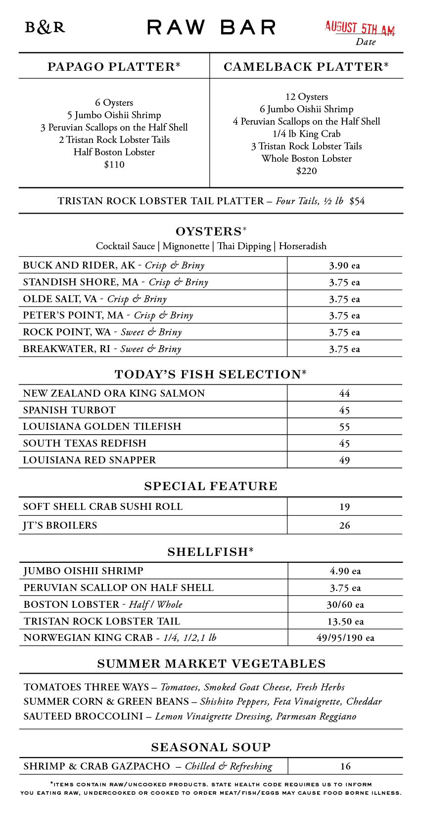 Raw Bar Menu