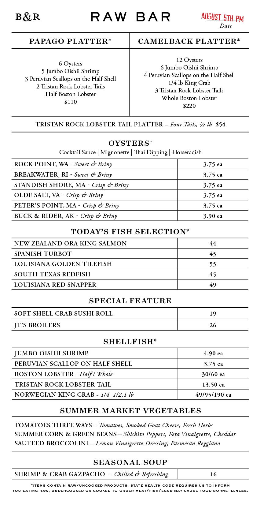Raw Bar Menu
