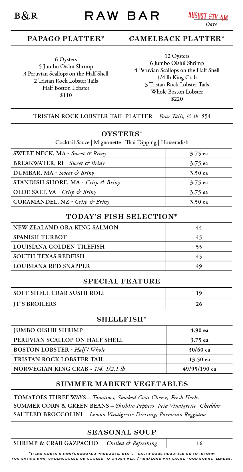 Raw Bar Menu