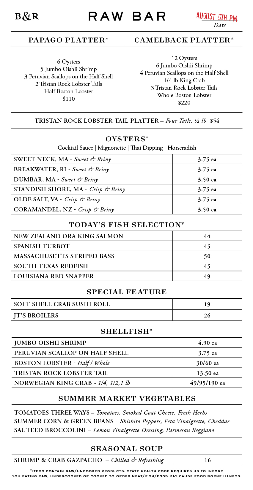 Raw Bar Menu