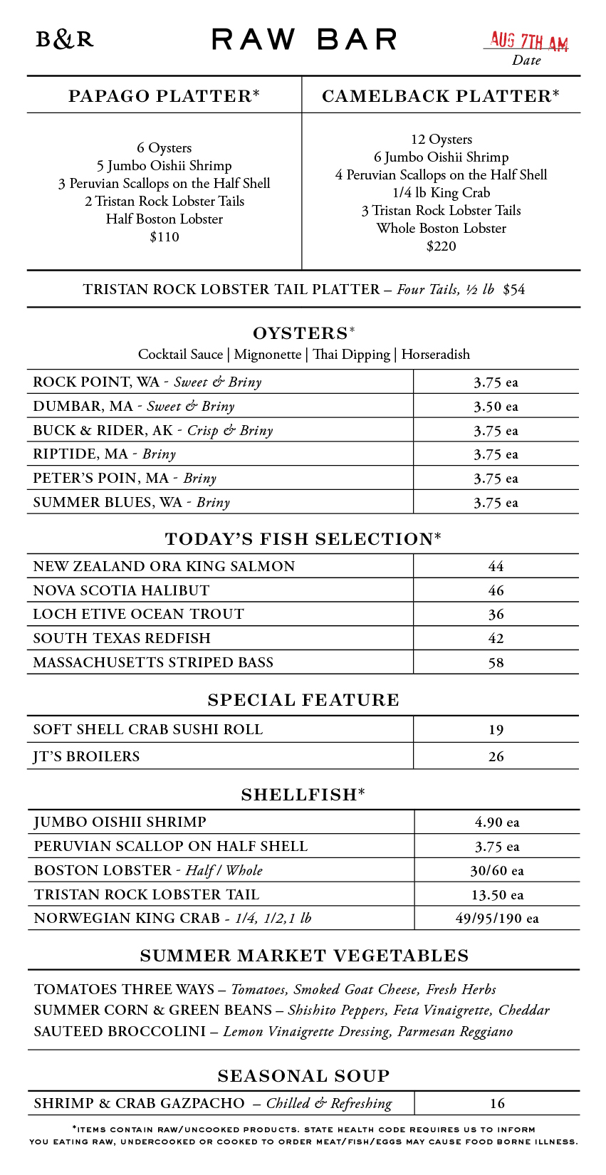 Raw Bar Menu