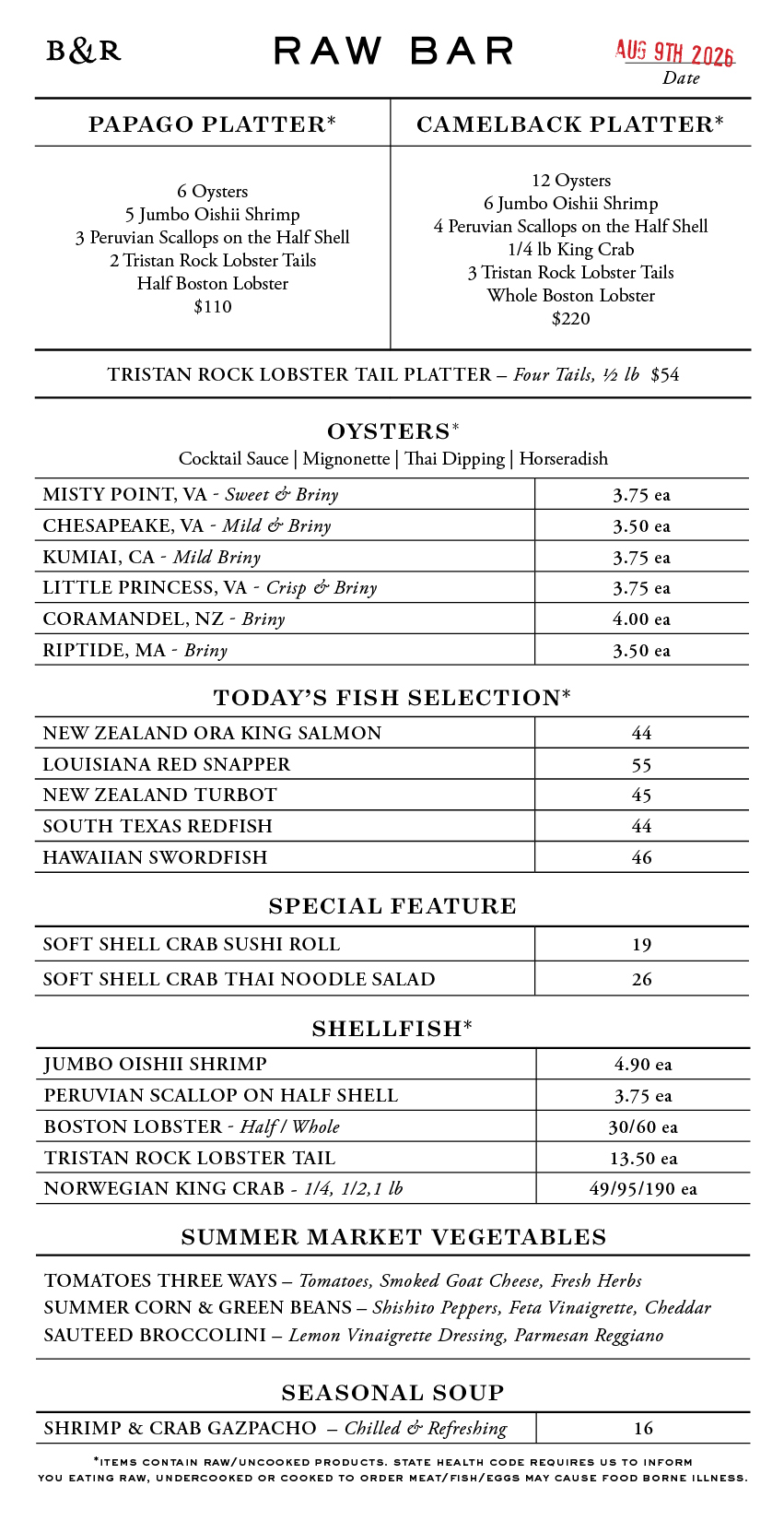 Raw Bar Menu
