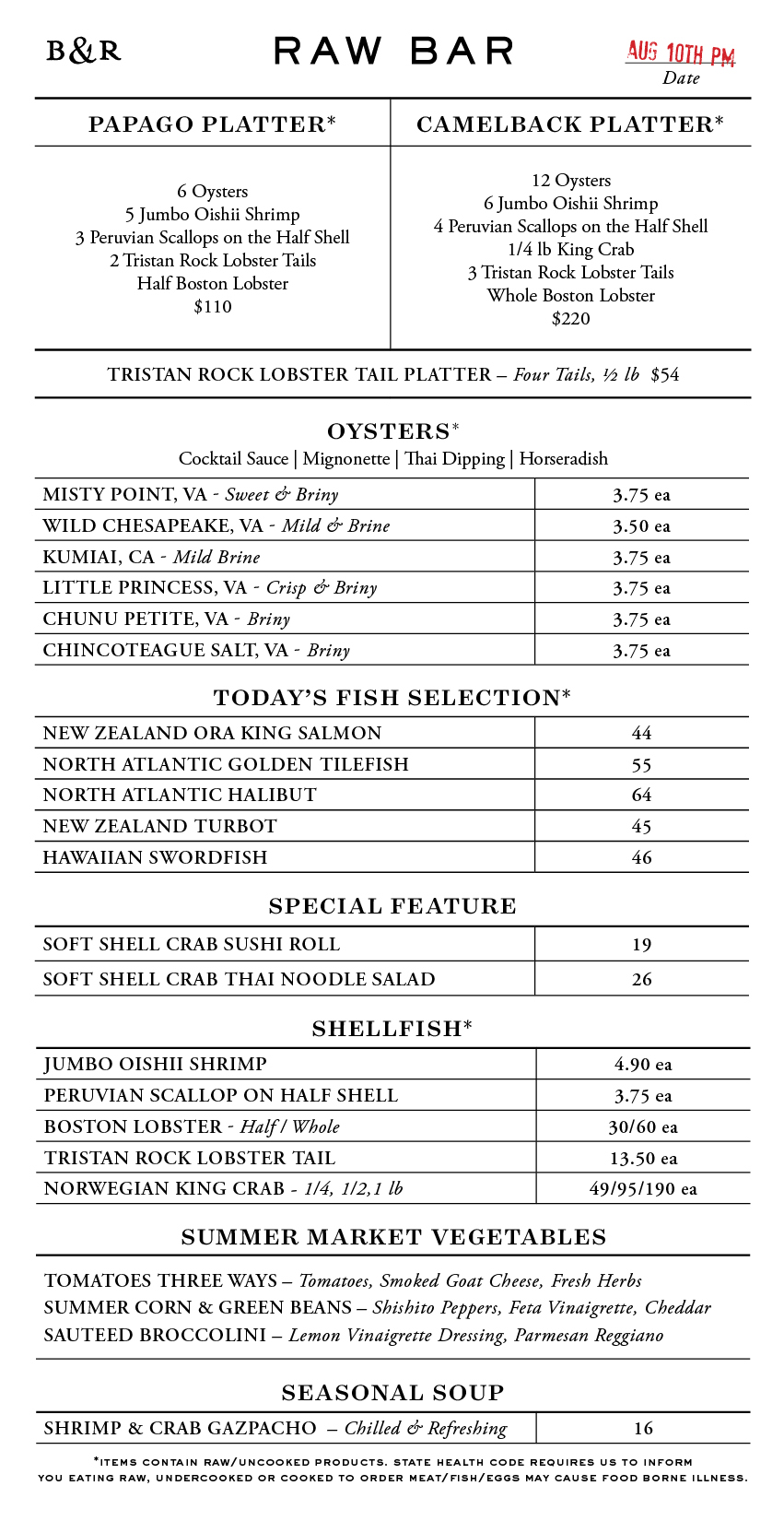 Raw Bar Menu