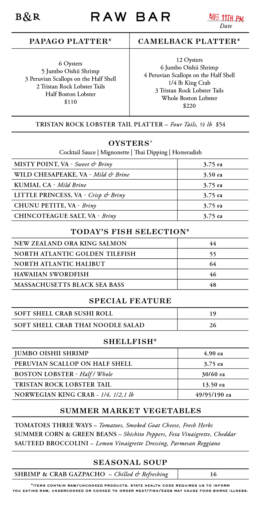 Raw Bar Menu