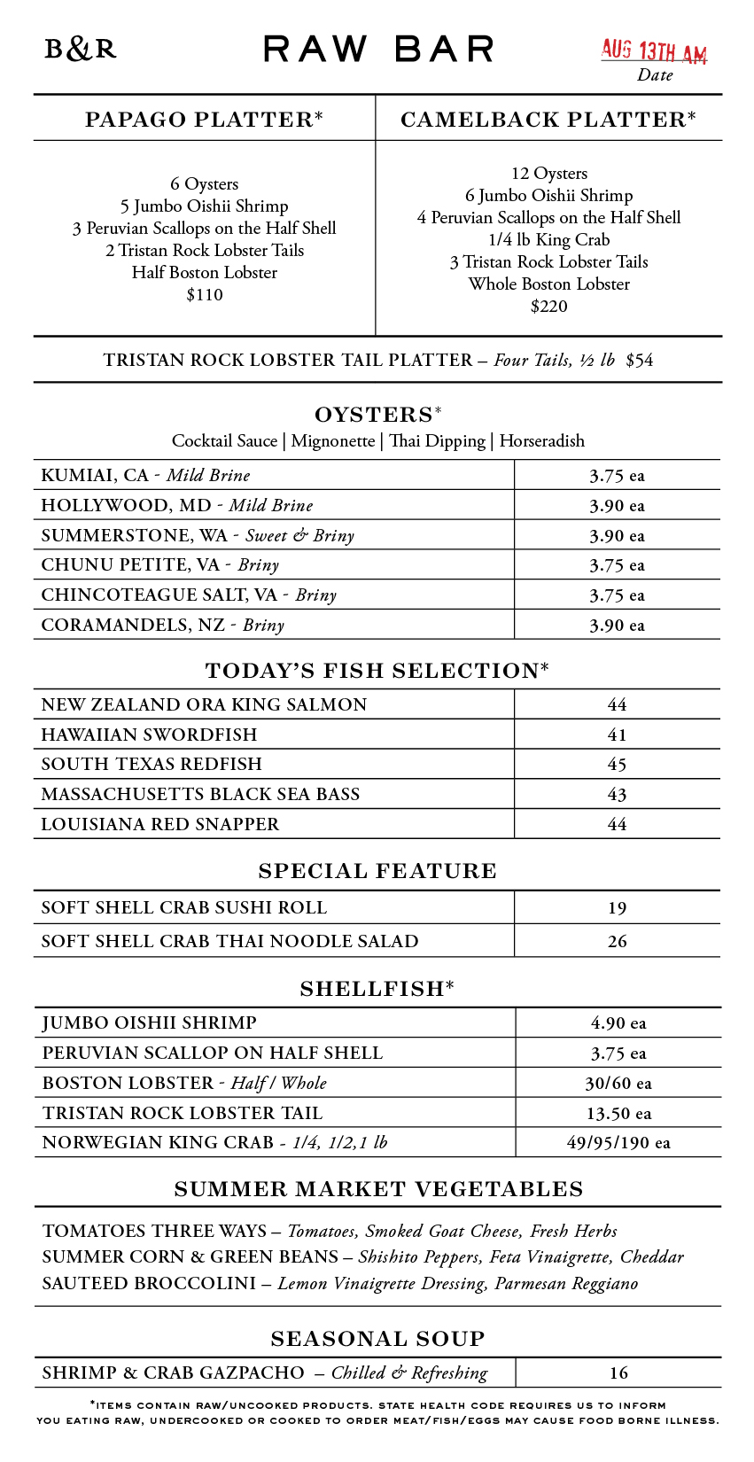 Raw Bar Menu