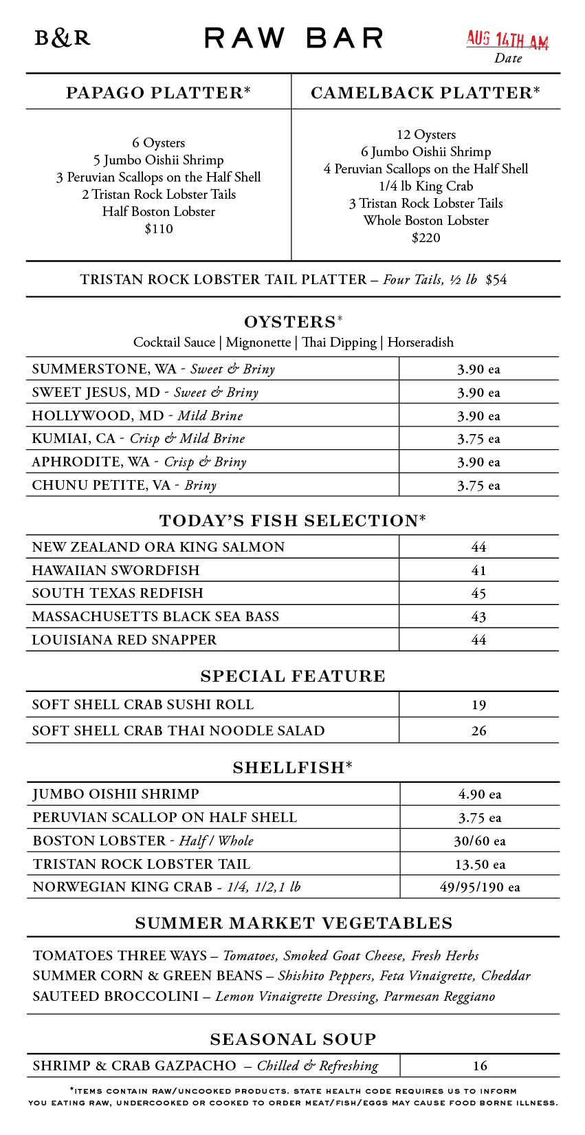Raw Bar Menu