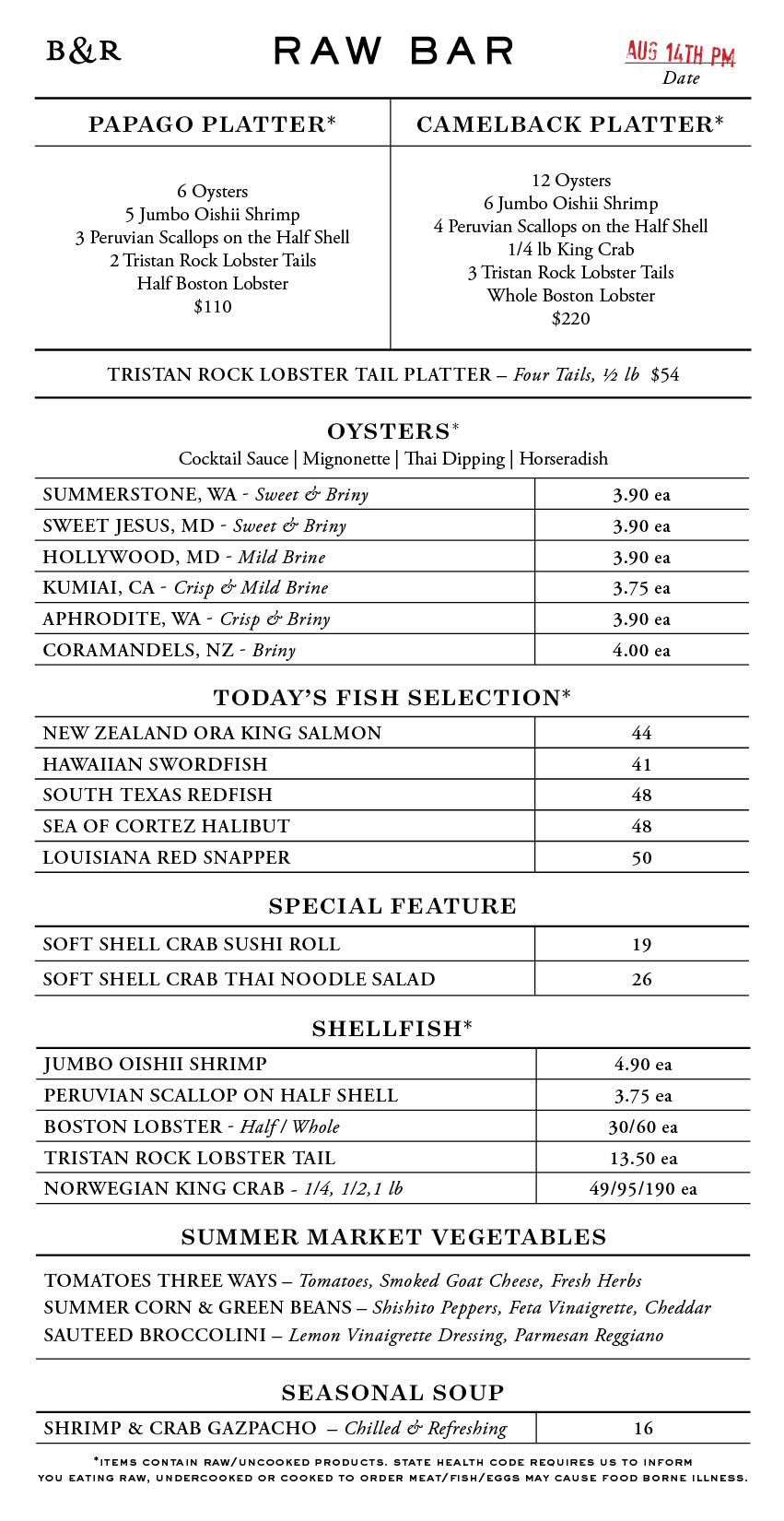 Raw Bar Menu