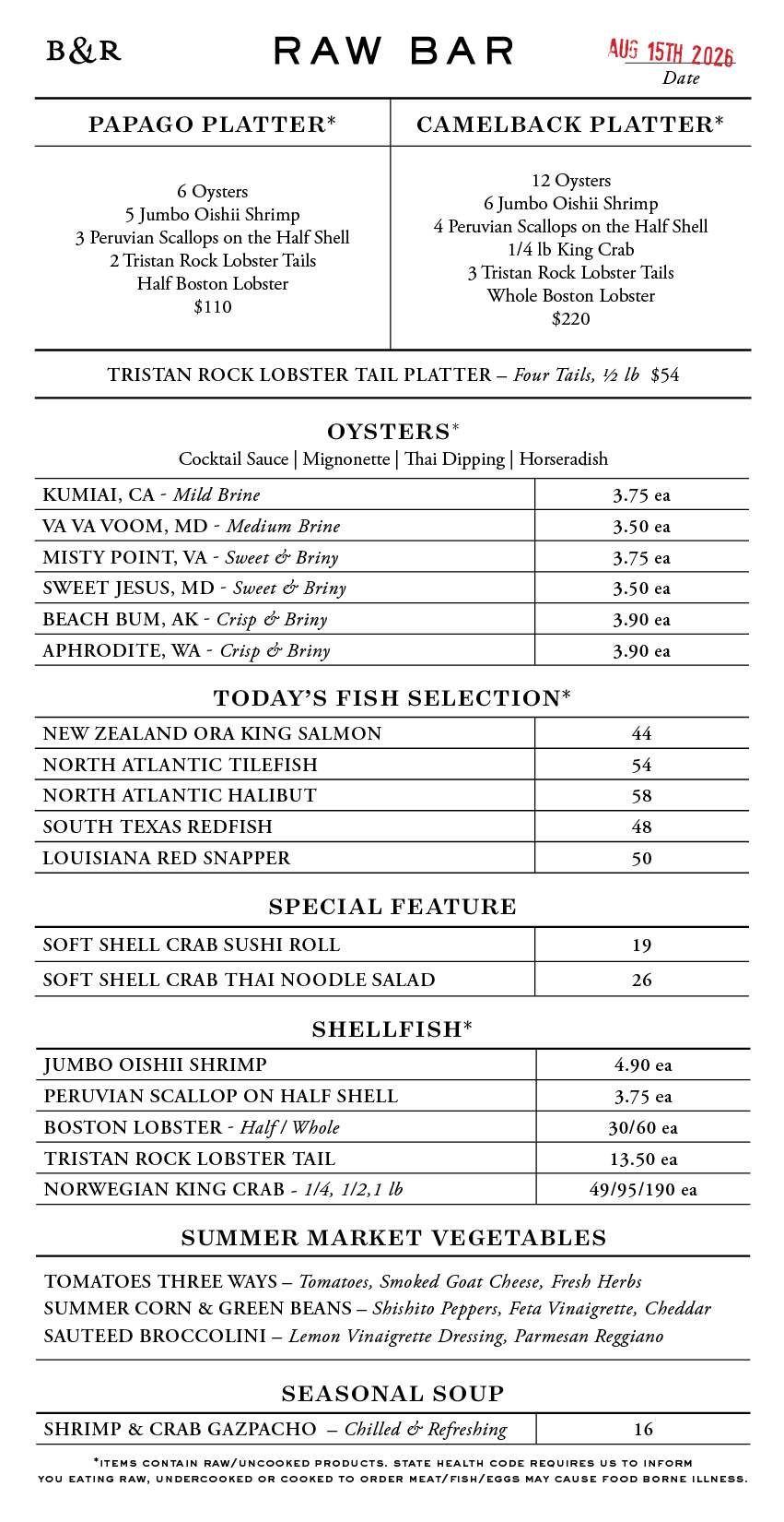Raw Bar Menu