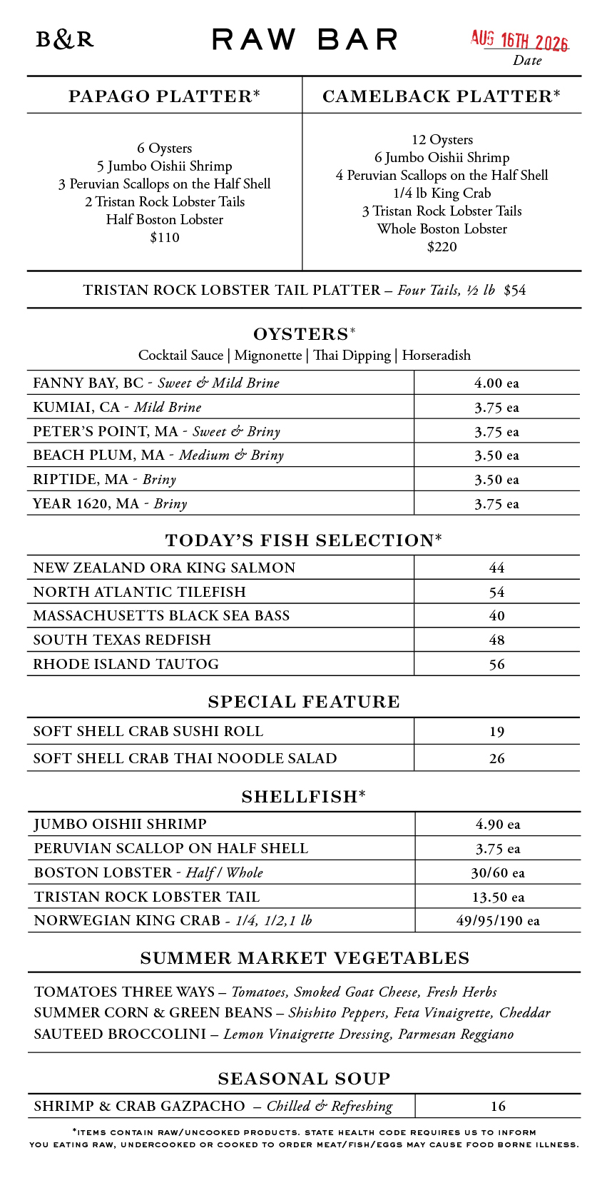 Raw Bar Menu