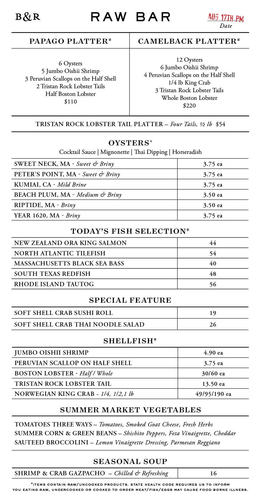 Raw Bar Menu
