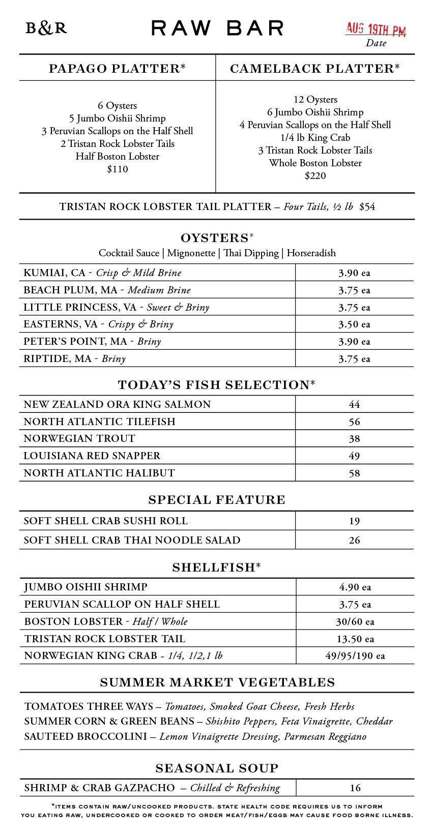 Raw Bar Menu