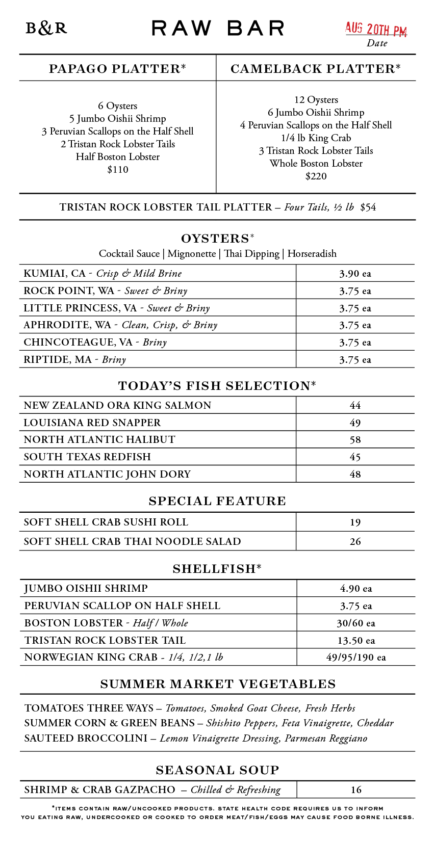 Raw Bar Menu