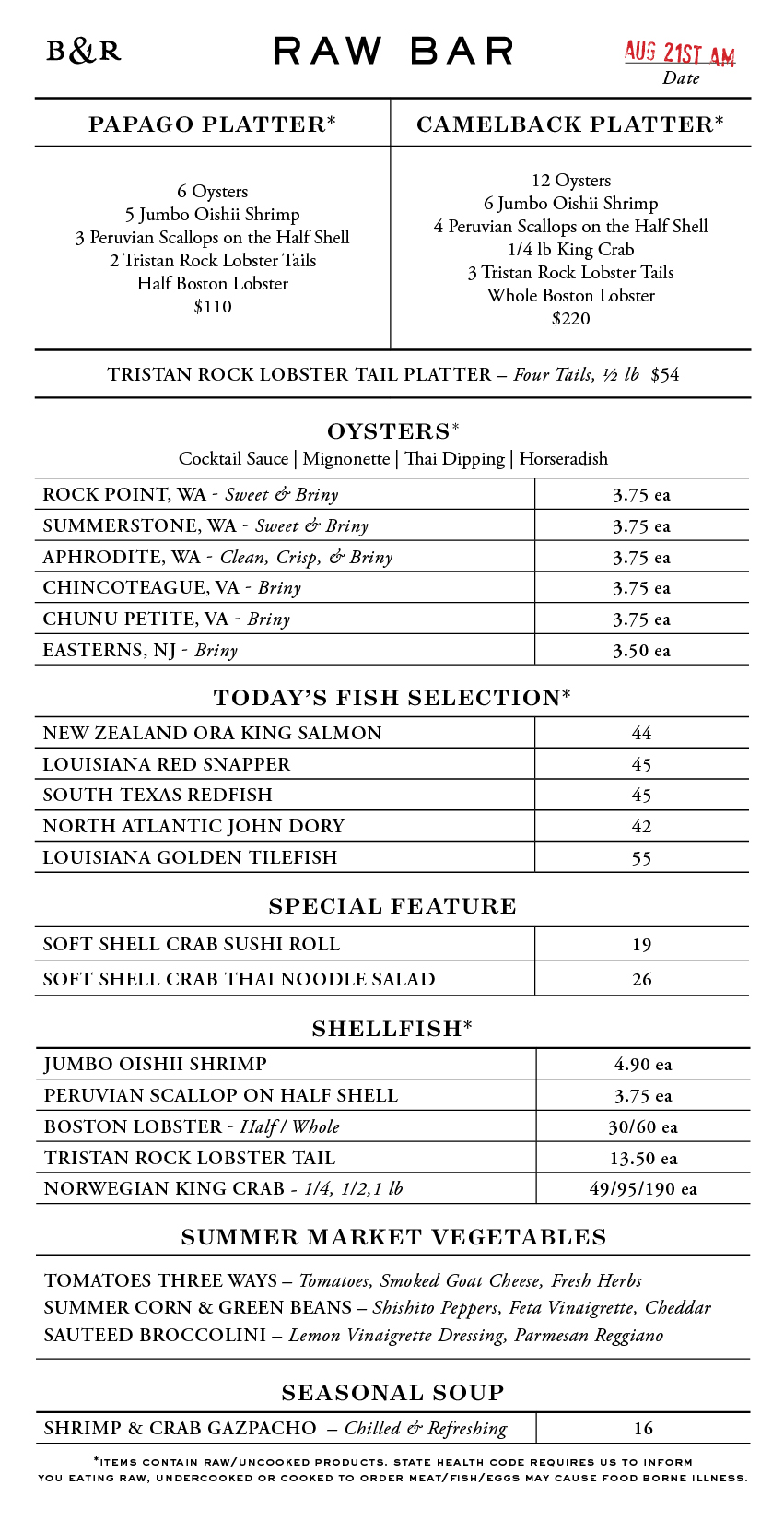 Raw Bar Menu