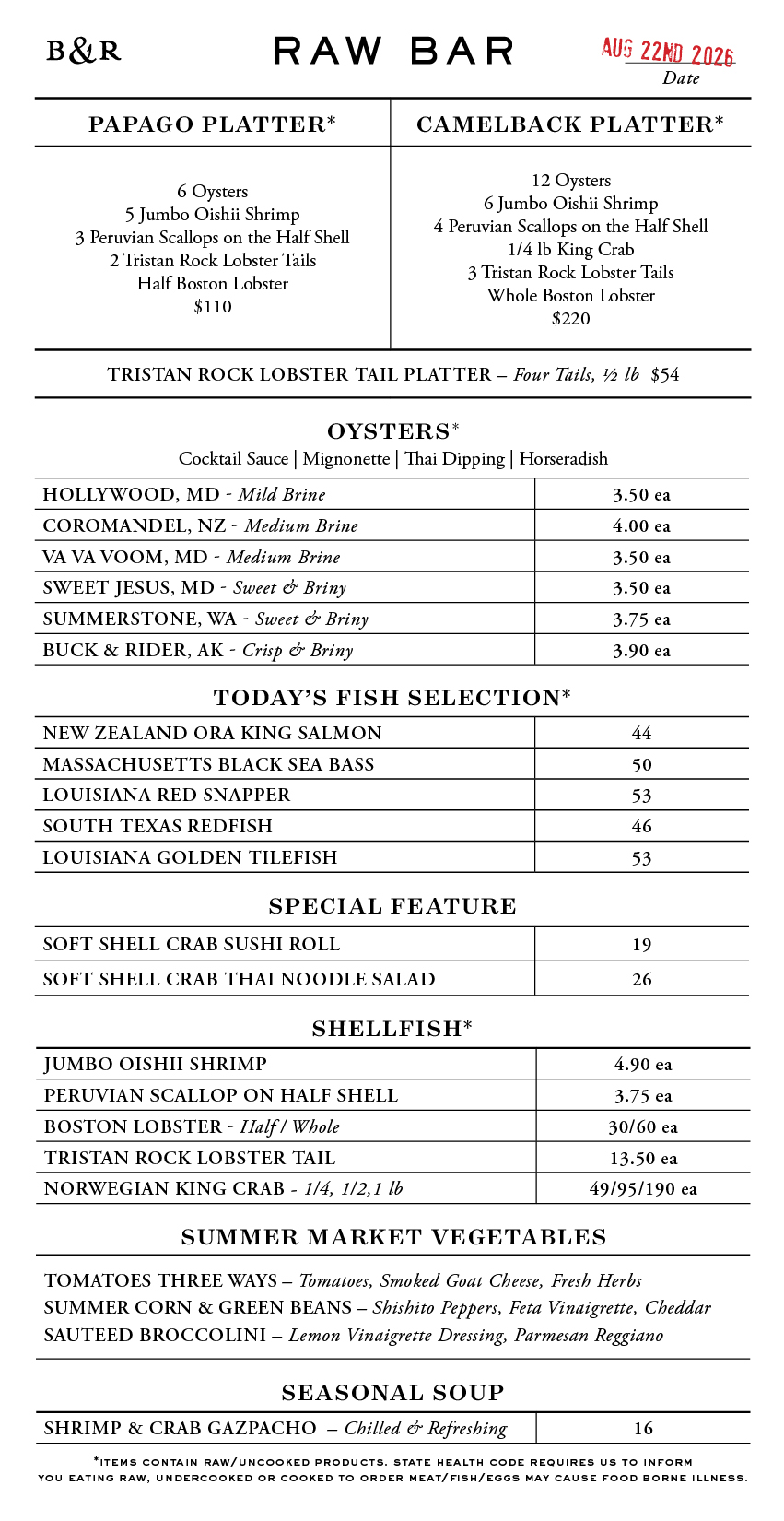 Raw Bar Menu