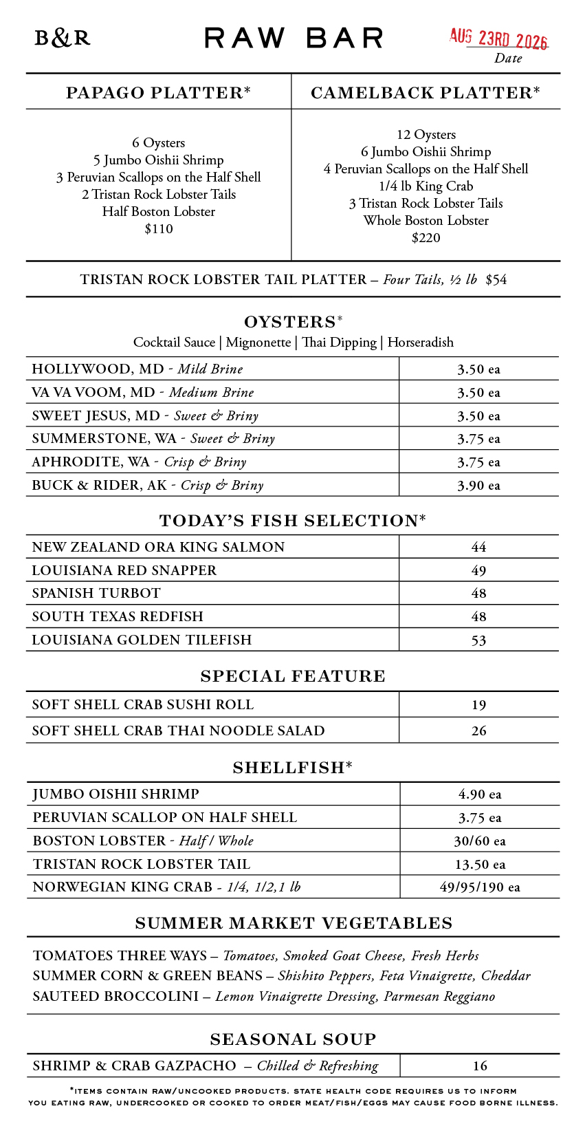 Raw Bar Menu