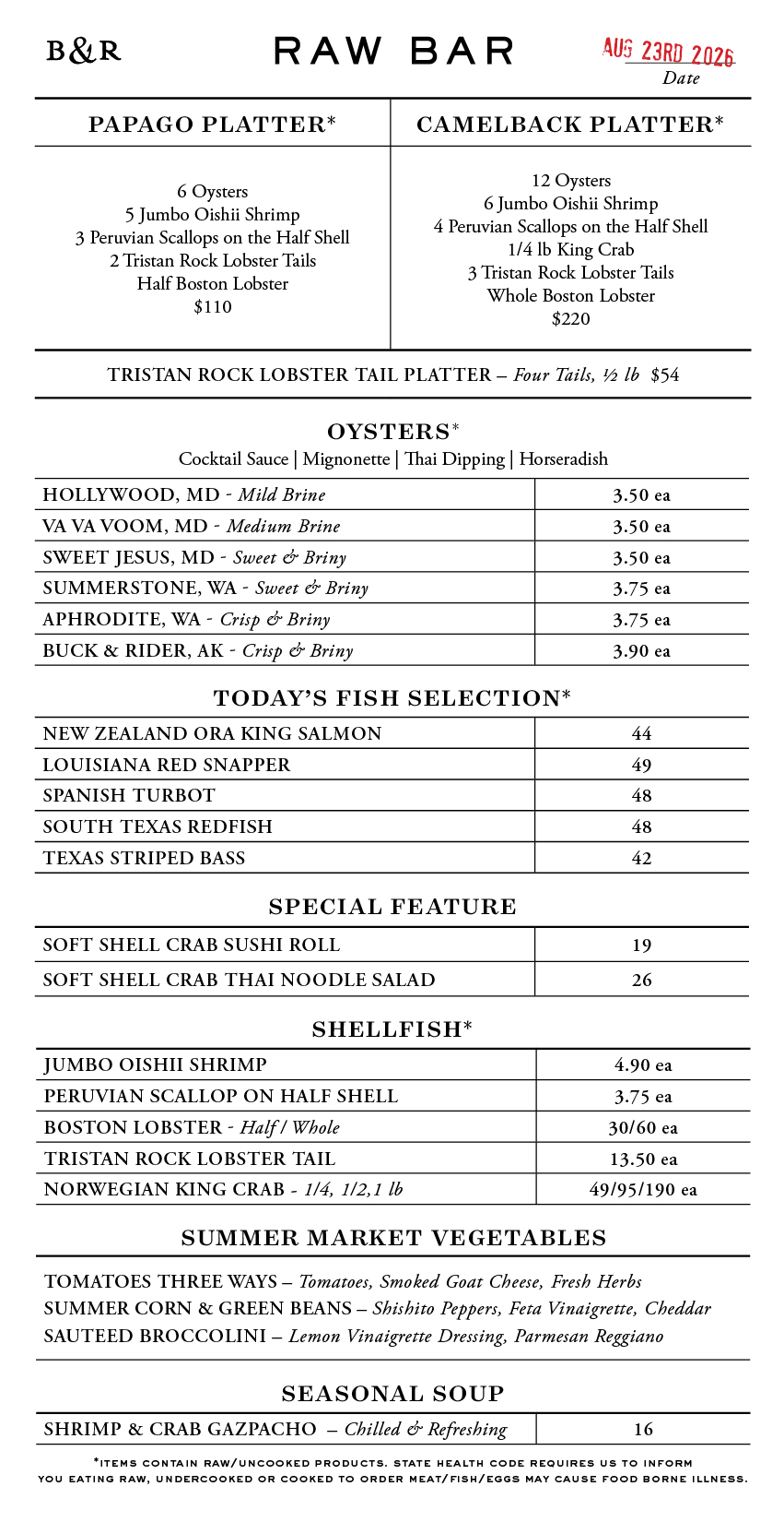 Raw Bar Menu
