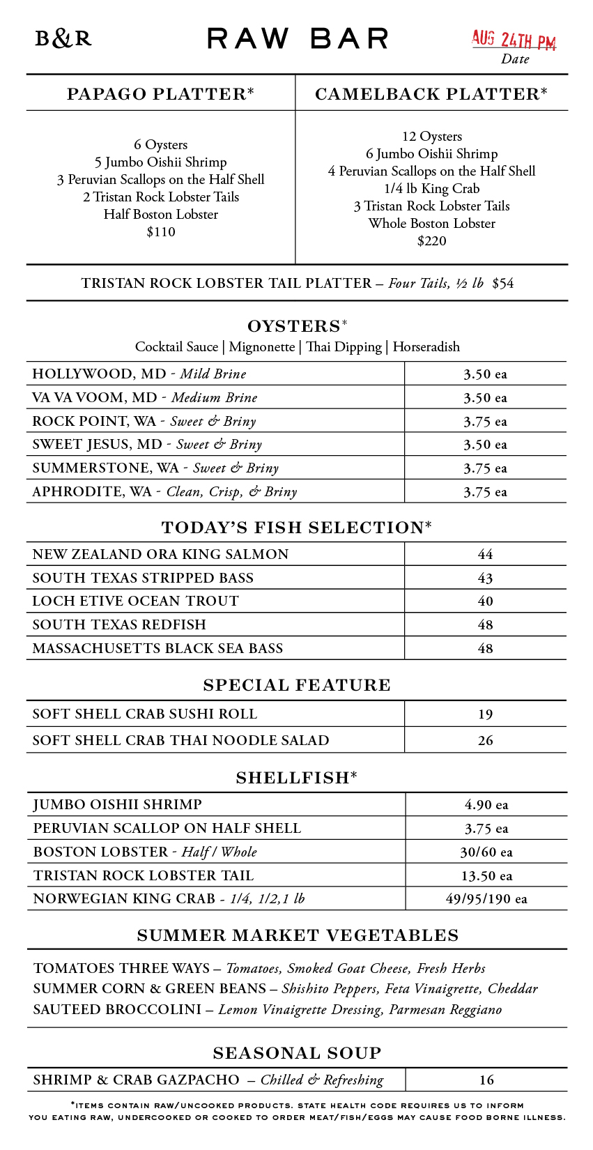 Raw Bar Menu