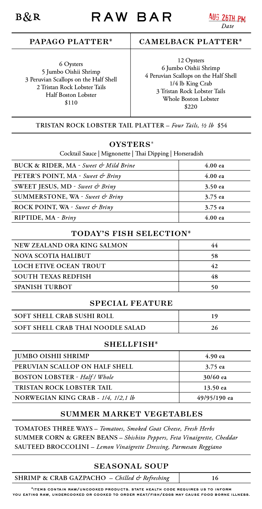 Raw Bar Menu