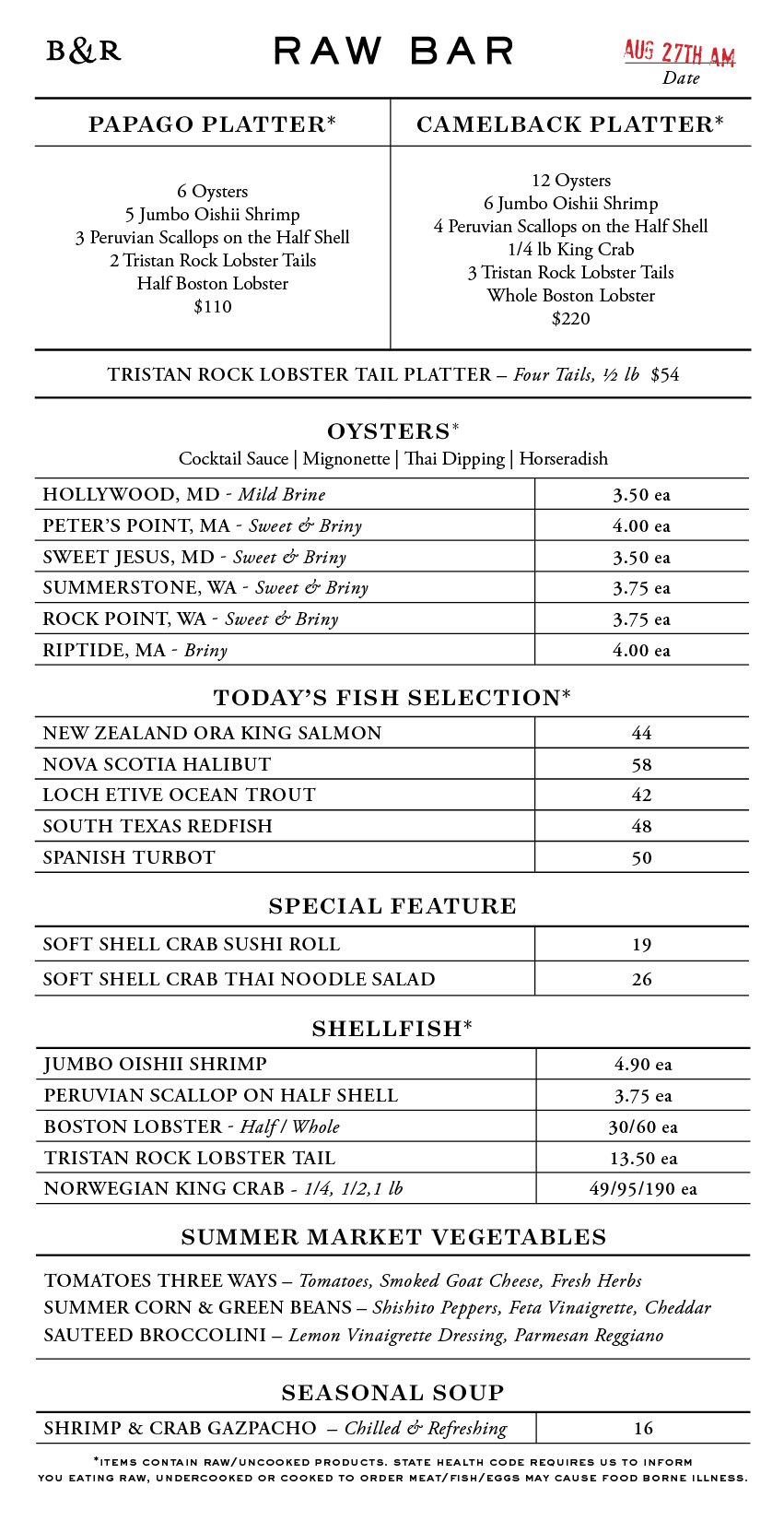 Raw Bar Menu