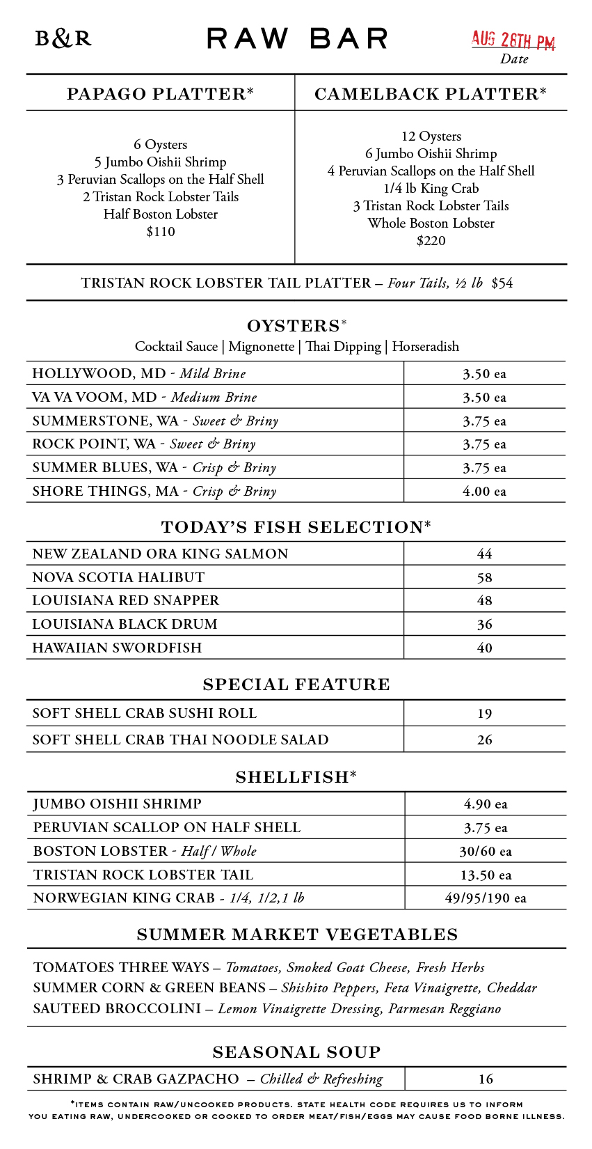 Raw Bar Menu