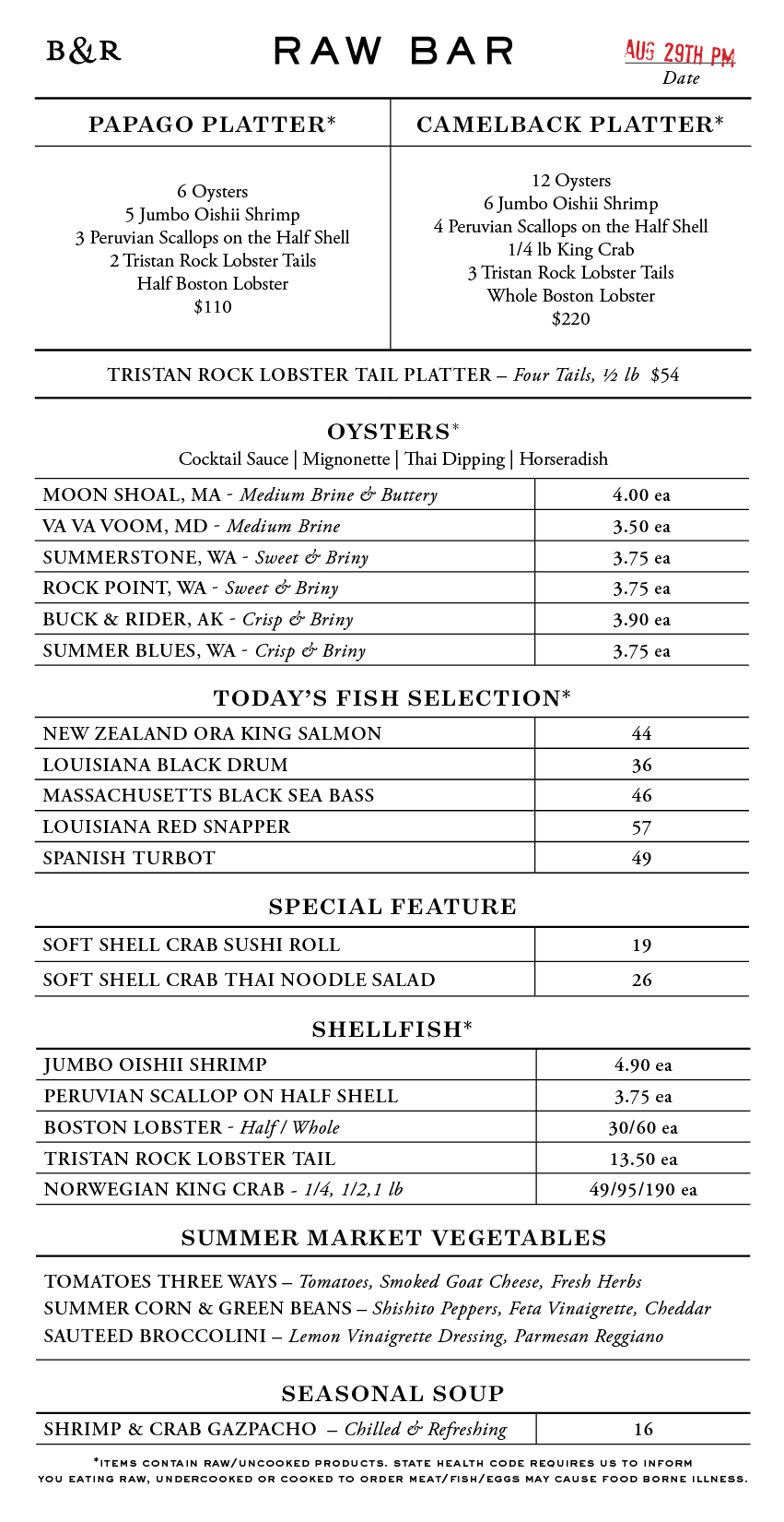 Raw Bar Menu