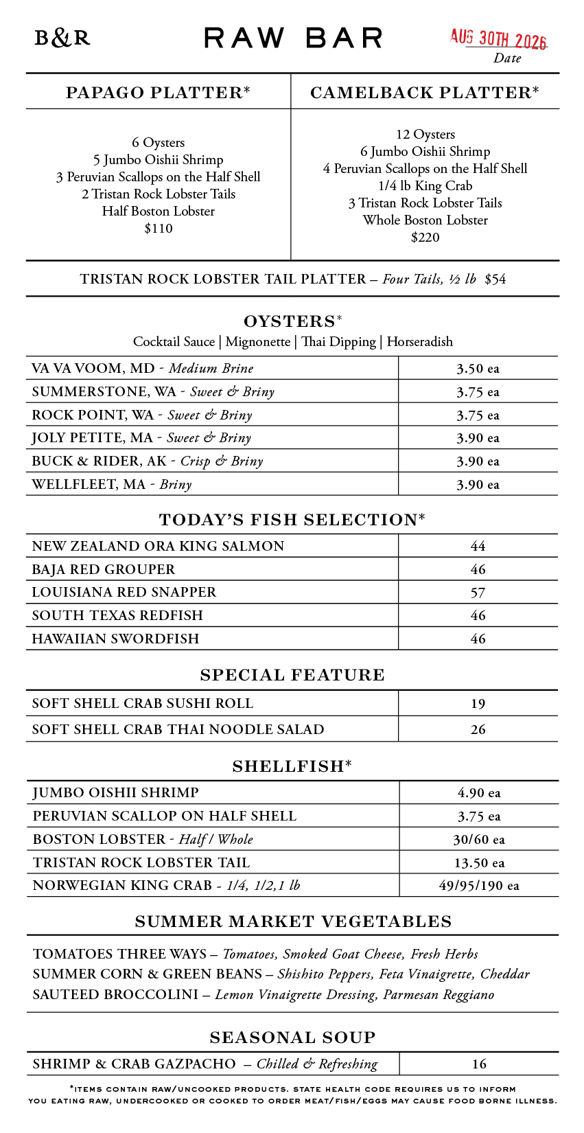 Raw Bar Menu