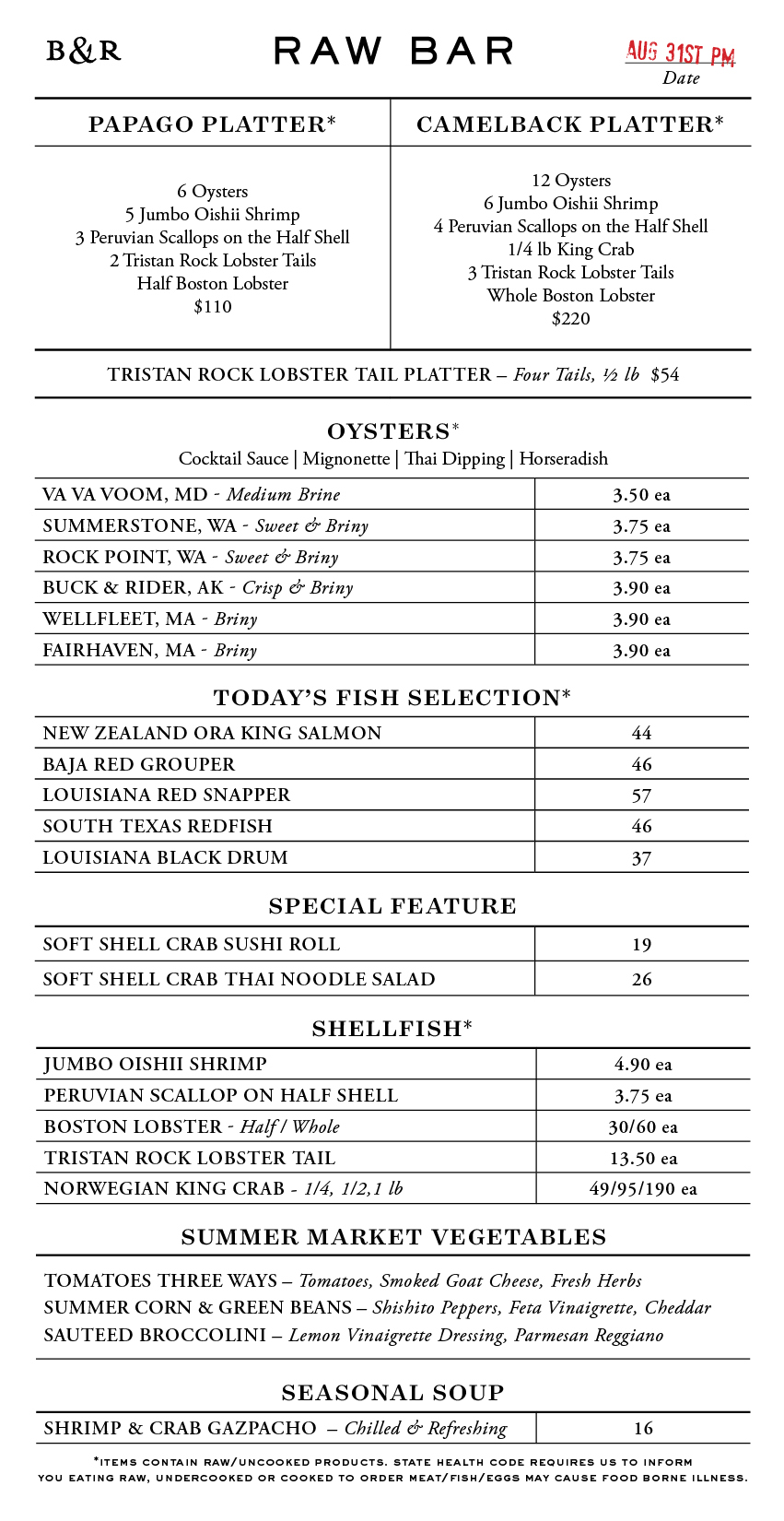 Raw Bar Menu