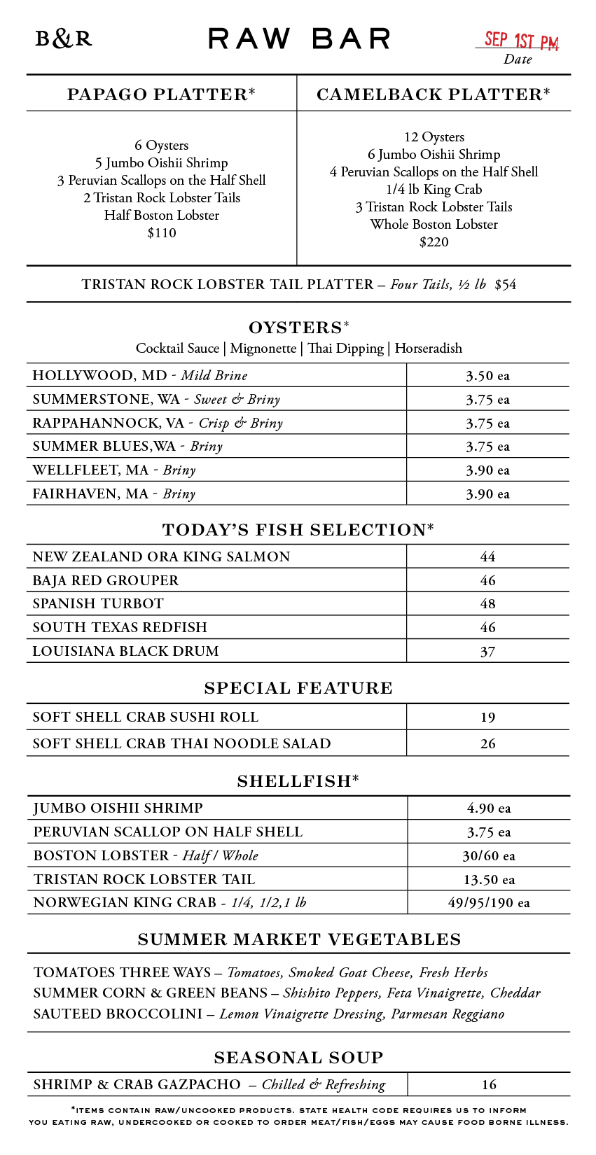 Raw Bar Menu