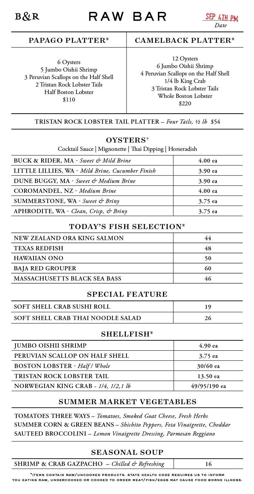 Raw Bar Menu