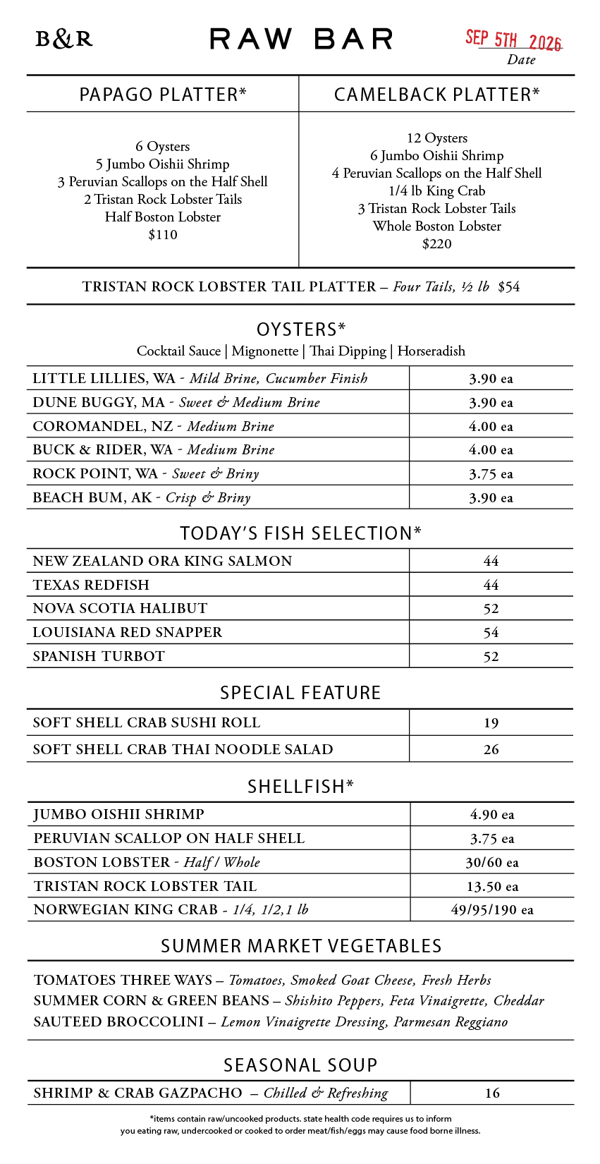 Raw Bar Menu
