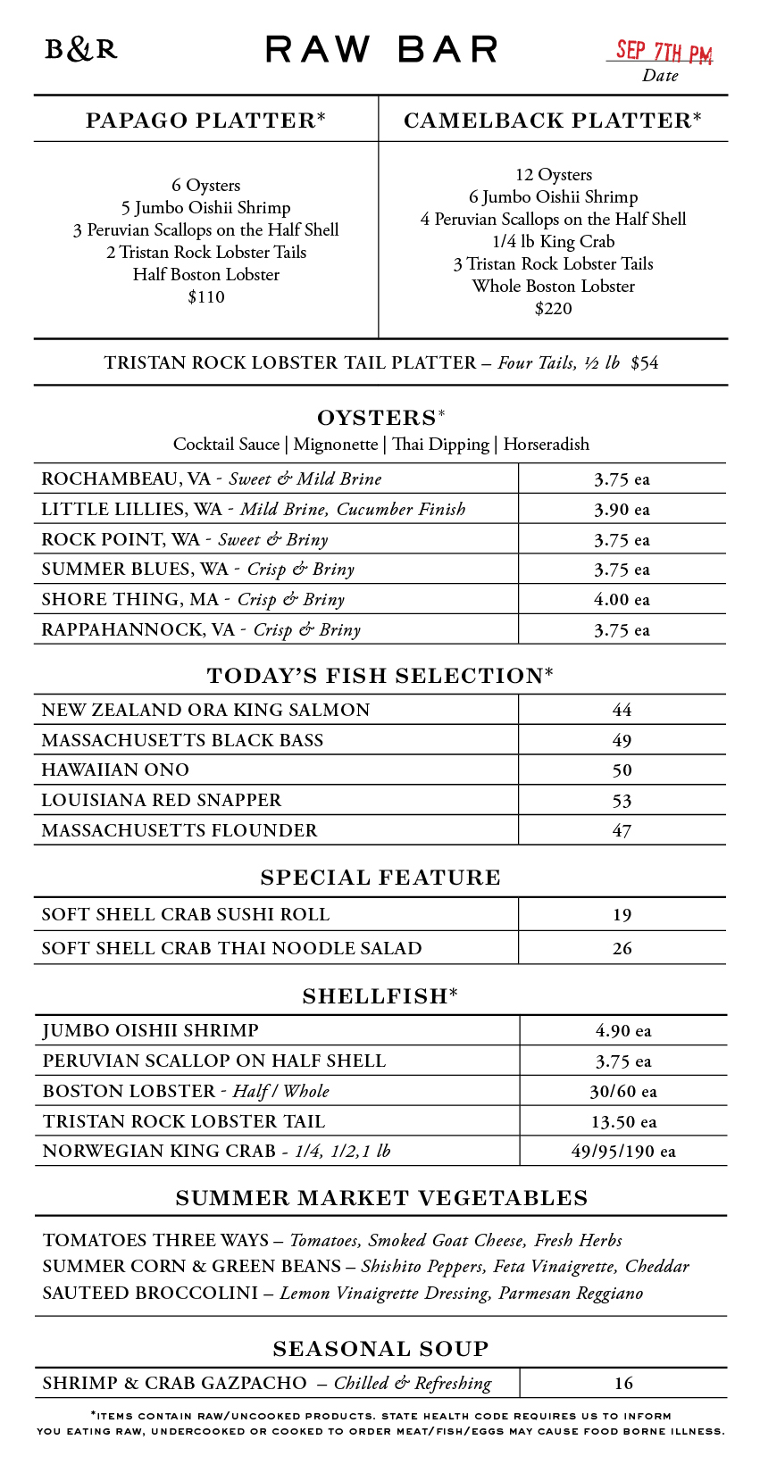 Raw Bar Menu