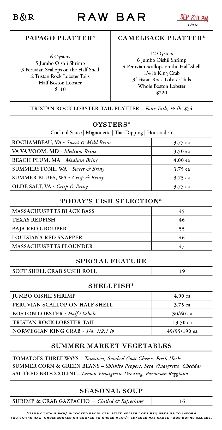Raw Bar Menu