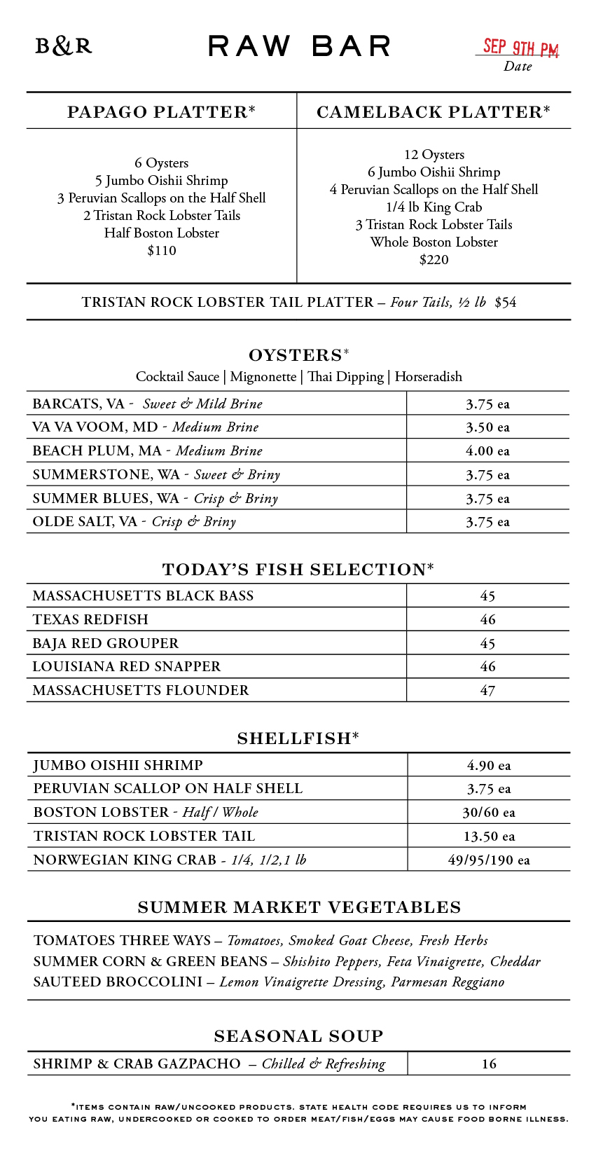 Raw Bar Menu