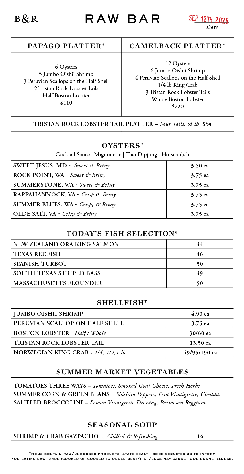 Raw Bar Menu