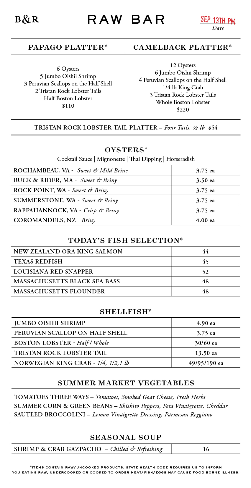 Raw Bar Menu