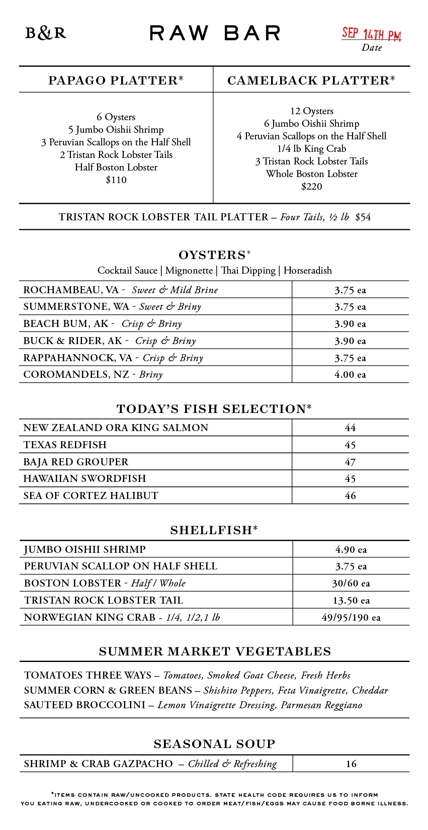 Raw Bar Menu