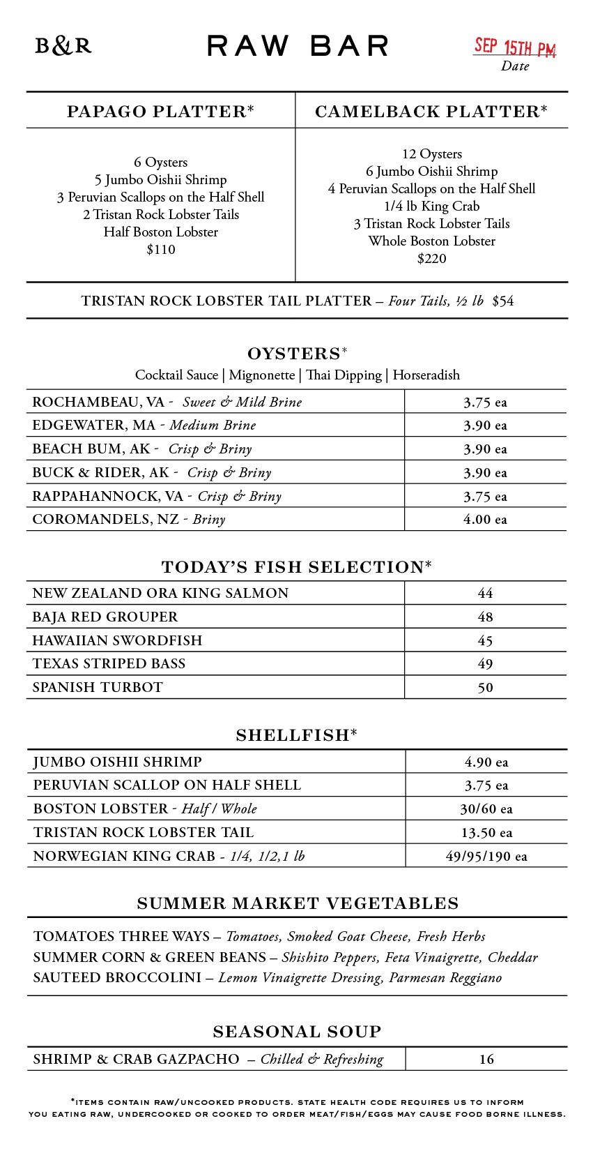 Raw Bar Menu