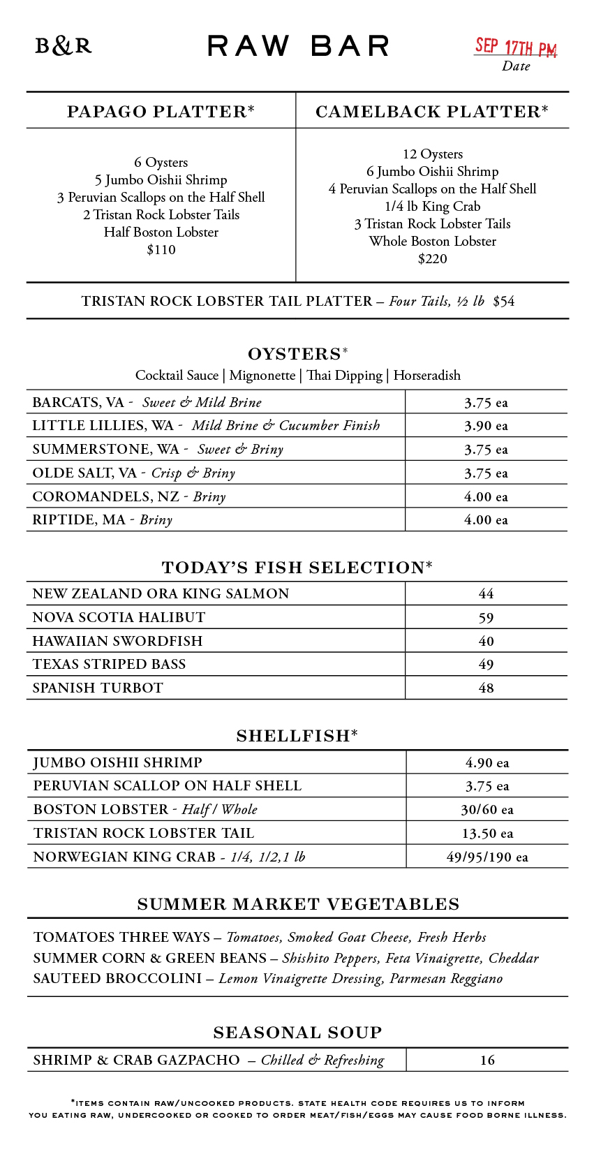 Raw Bar Menu