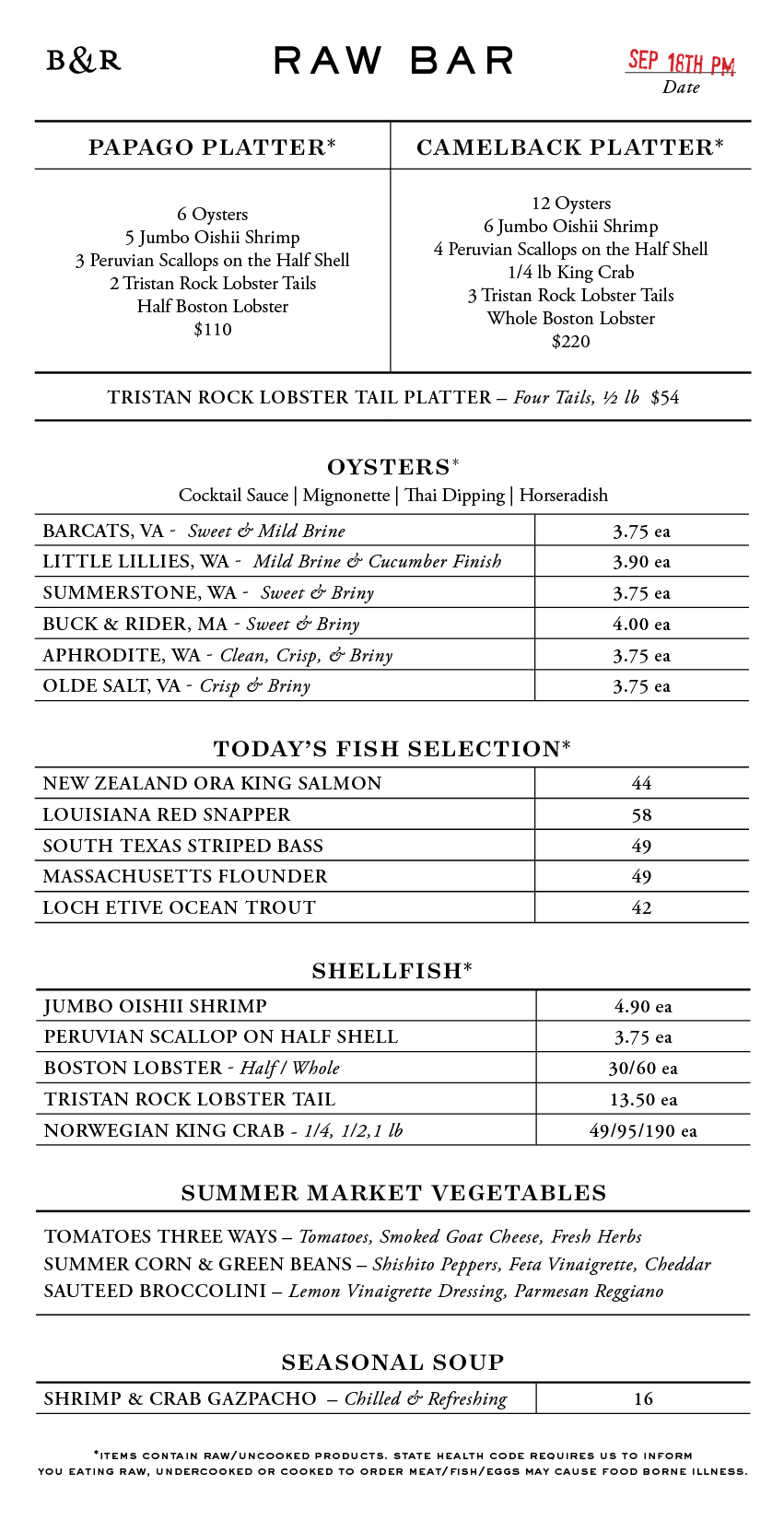 Raw Bar Menu