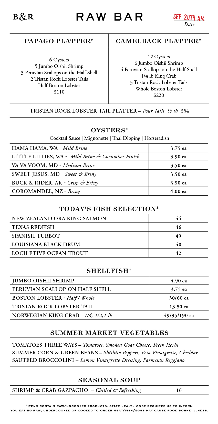 Raw Bar Menu